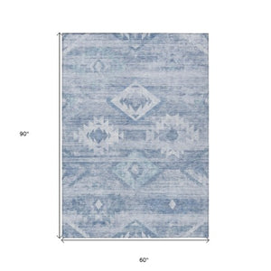 Homeroots 3' Aqua Turquoise Southwestern Area Rug - Stylish Washable Design For Indoor & Outdoor Use 5' X 8' Polyester 588697