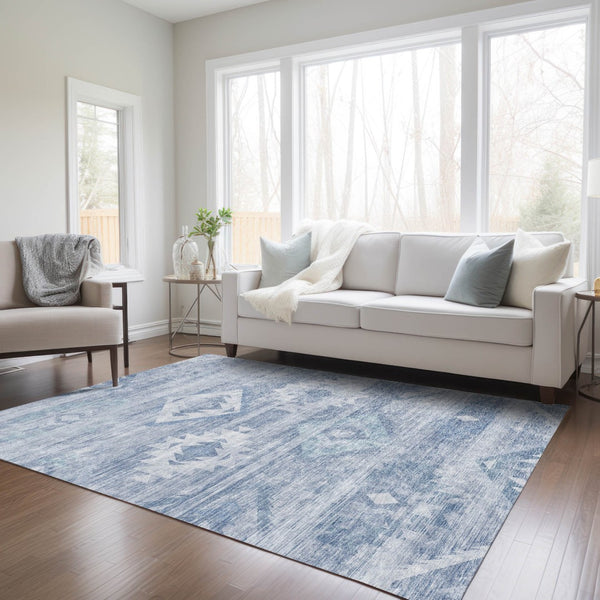 Homeroots 3' Aqua Turquoise Southwestern Area Rug - Stylish Washable Design For Indoor & Outdoor Use 5' X 8' Polyester 588697