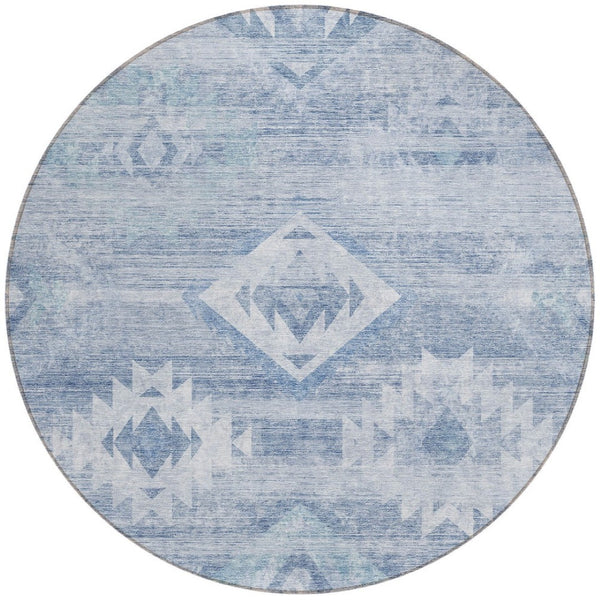 Homeroots 3' Aqua Turquoise Southwestern Area Rug - Stylish Washable Design For Indoor & Outdoor Use 8' Round Polyester 588698
