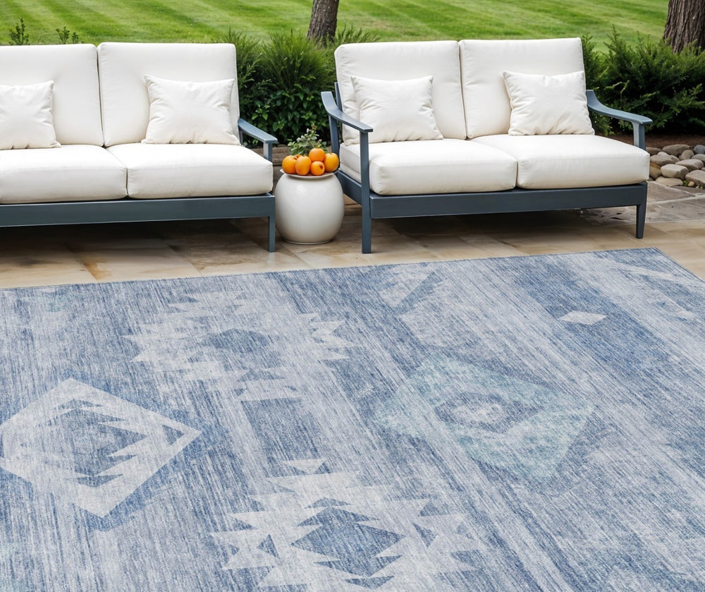 HomeRoots 9' Durable Denim Blue Southwestern Area Rug - Stylish, Washable for Indoor & Outdoor Use, Easy Care 9' X 12' 588700