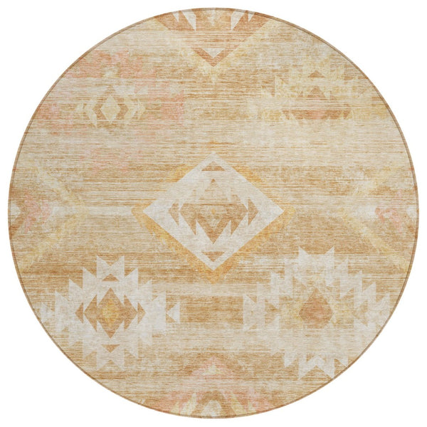 HomeRoots 5' Copper Terra Cotta and Ivory Southwestern Indoor Outdoor Area Rug - Durable, Washable Charm 8' Round 588704