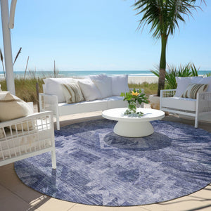 Homeroots 3' Aqua Turquoise Southwestern Area Rug - Stylish Washable Design For Indoor & Outdoor Use 8' Round Polyester 588710