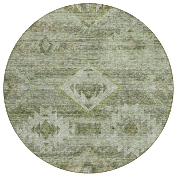 HomeRoots 5' Southwestern Indoor Outdoor Area Rug in Olive & Fern Green - Durable, Washable, Stylish Design 8' Round 588716