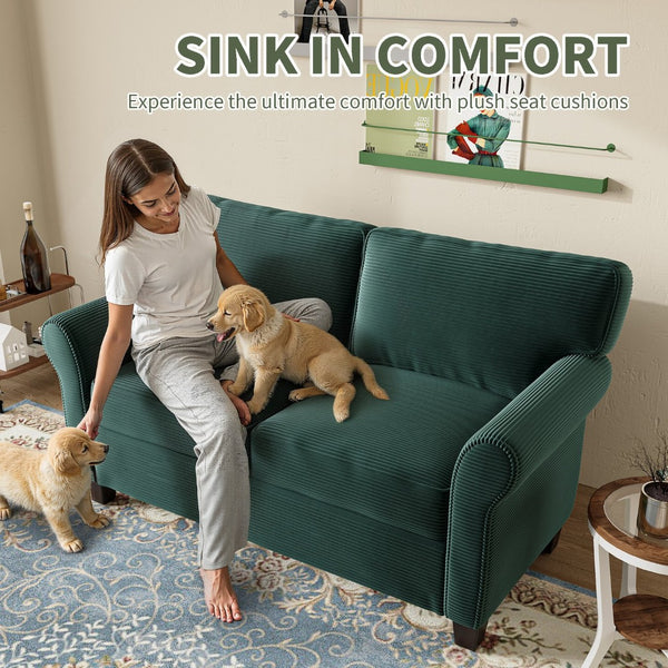 English Elm 57" Corduroy Two Seater Sofa Removable Cushions Solid Wood Frame Compact Living Room Dark Green W2715P433634