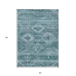 Homeroots 3' Aqua Turquoise Southwestern Area Rug - Stylish Washable Design For Indoor & Outdoor Use 5' X 8' Polyester 588733