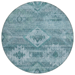 HomeRoots 5' Vibrant Southwestern Teal Blue Aqua Area Rug – Washable Indoor Outdoor Design for Easy Care 8' Round 588734