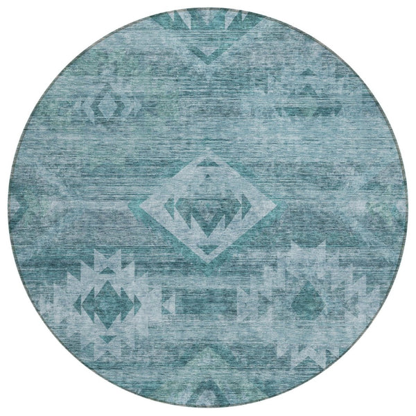 HomeRoots 5' Vibrant Southwestern Teal Blue Aqua Area Rug – Washable Indoor Outdoor Design for Easy Care 8' Round 588734