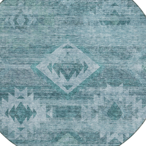 Homeroots 3' Aqua Turquoise Southwestern Area Rug - Stylish Washable Design For Indoor & Outdoor Use 8' Round Polyester 588734