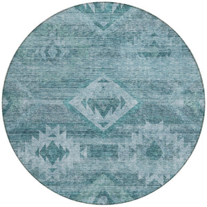 Homeroots 3' Aqua Turquoise Southwestern Area Rug - Stylish Washable Design For Indoor & Outdoor Use 8' Round Polyester 588734