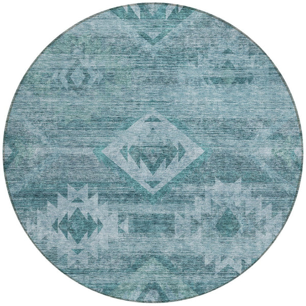 Homeroots 3' Aqua Turquoise Southwestern Area Rug - Stylish Washable Design For Indoor & Outdoor Use 8' Round Polyester 588734