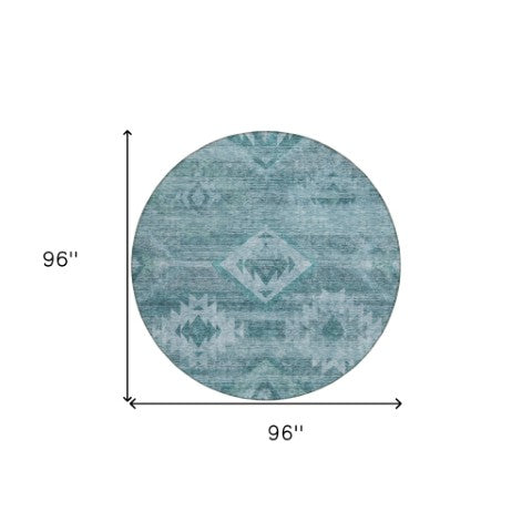 Homeroots 3' Aqua Turquoise Southwestern Area Rug - Stylish Washable Design For Indoor & Outdoor Use 8' Round Polyester 588734
