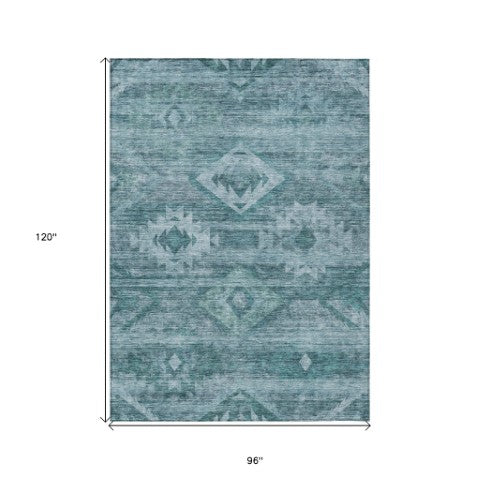 Homeroots 3' Aqua Turquoise Southwestern Area Rug - Stylish Washable Design For Indoor & Outdoor Use 8' X 10' Polyester 588735