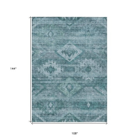 Homeroots 3' Aqua Turquoise Southwestern Area Rug - Stylish Washable Design For Indoor & Outdoor Use 9' X 12' Polyester 588736