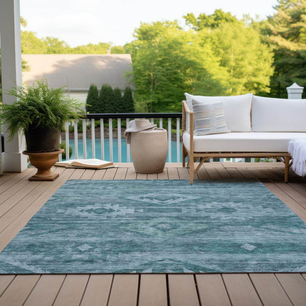Homeroots 3' Aqua Turquoise Southwestern Area Rug - Stylish Washable Design For Indoor & Outdoor Use 10' X 14' Polyester 588737