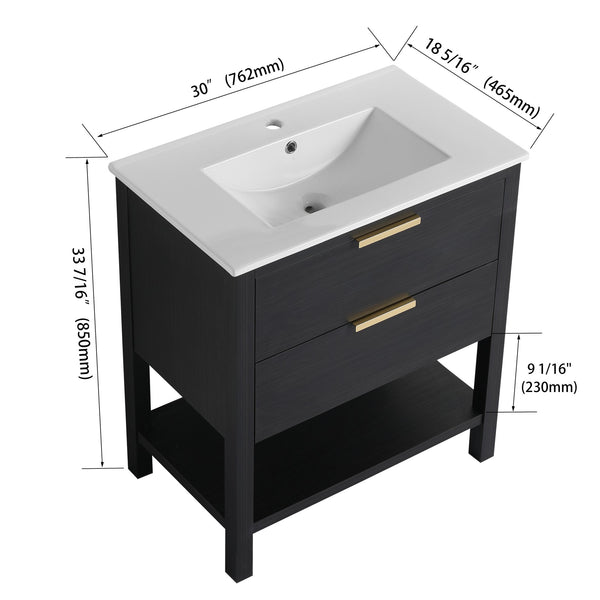 English Elm 30 inch Freestanding Bathroom Vanity with Ceramic Sink, 2 Soft-Close Drawers, Golden Metal Handles, Sturdy Legs, Easy Install — Durable Storage & Elegant Finish W999S00121