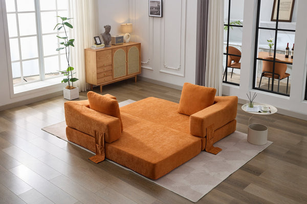 English Elm Modern Minimalist Sofa Fold-Out Convertible Floor Couch Bed with Removable Backrest Chenille Orange, Modular Comfort and Side Pockets W1829P186302