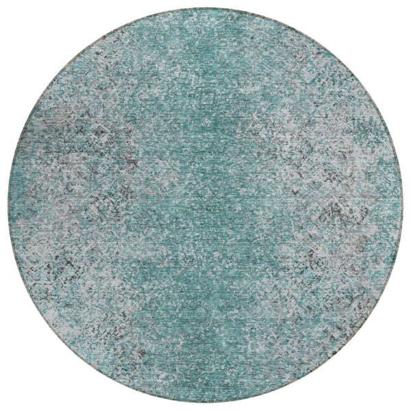 HomeRoots 5' Durable Teal Blue Gray Charcoal Oriental Washable Area Rug for Indoor and Outdoor Elegance 8' Round 588842