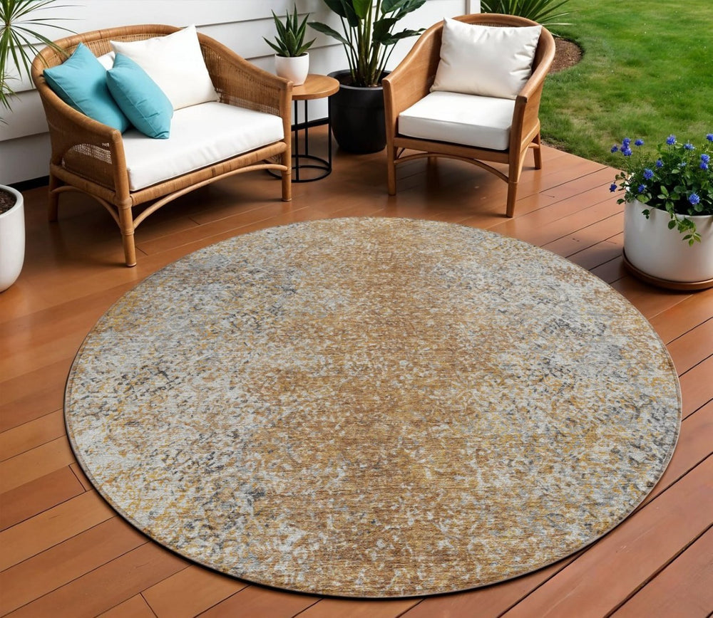HomeRoots 5' Terra Cotta, Silver & Charcoal Oriental Area Rug - Stylish, Washable, Durable for Indoor & Outdoor Use 8' Round 588848