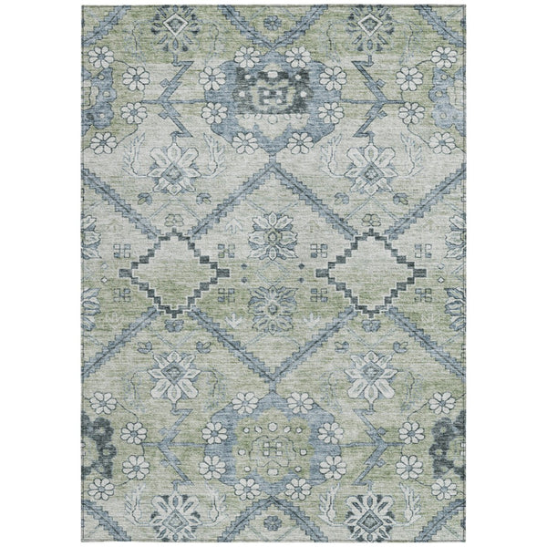 Homeroots 3' Stylish Floral Washable Area Rug - Durable Artichoke Green & Denim Blue For Indoor & Outdoor Use 3' X 5' Polyester 588852
