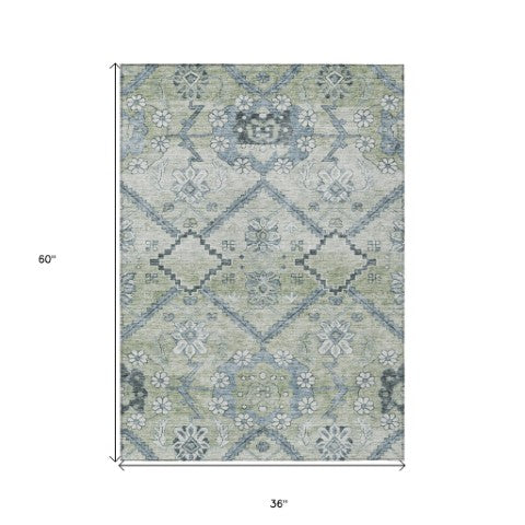 Homeroots 3' Stylish Floral Washable Area Rug - Durable Artichoke Green & Denim Blue For Indoor & Outdoor Use 3' X 5' Polyester 588852