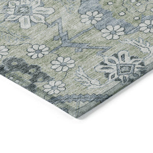 Homeroots 3' Stylish Floral Washable Area Rug - Durable Artichoke Green & Denim Blue For Indoor & Outdoor Use 3' X 5' Polyester 588852