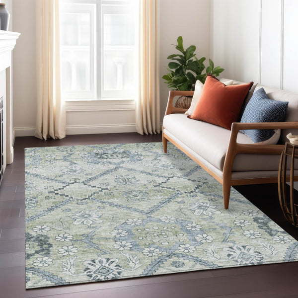Homeroots 3' Stylish Floral Washable Area Rug - Durable Artichoke Green & Denim Blue For Indoor & Outdoor Use 5' X 8' Polyester 588853