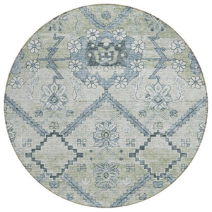 HomeRoots 5' Vibrant Floral Area Rug in Artichoke Green, Denim Blue & Silver for Indoor/Outdoor Use 8' Round 588854