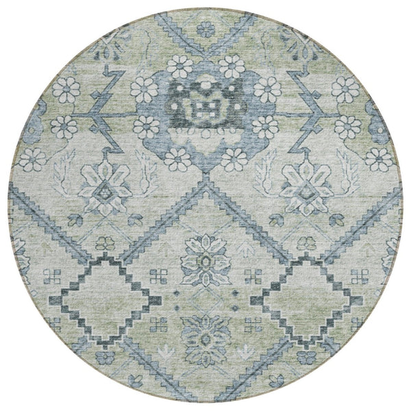 HomeRoots 5' Vibrant Floral Area Rug in Artichoke Green, Denim Blue & Silver for Indoor/Outdoor Use 8' Round 588854
