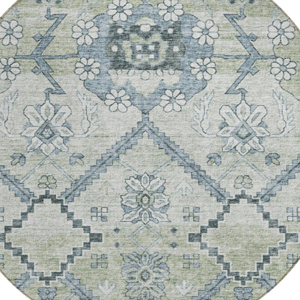 Homeroots 3' Stylish Floral Washable Area Rug - Durable Artichoke Green & Denim Blue For Indoor & Outdoor Use 8' Round Polyester 588854