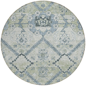 Homeroots 3' Stylish Floral Washable Area Rug - Durable Artichoke Green & Denim Blue For Indoor & Outdoor Use 8' Round Polyester 588854