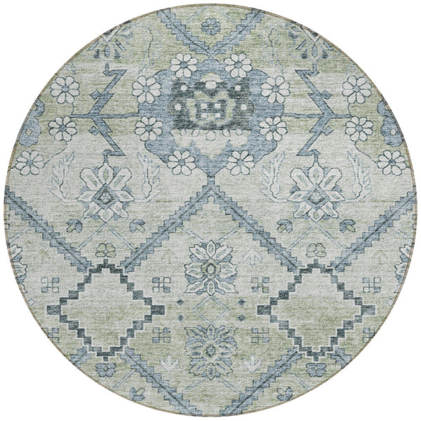 Homeroots 3' Stylish Floral Washable Area Rug - Durable Artichoke Green & Denim Blue For Indoor & Outdoor Use 8' Round Polyester 588854