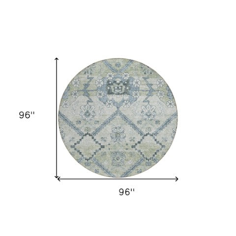 Homeroots 3' Stylish Floral Washable Area Rug - Durable Artichoke Green & Denim Blue For Indoor & Outdoor Use 8' Round Polyester 588854