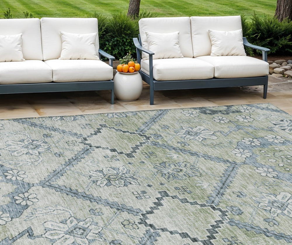 HomeRoots 5' Vibrant Floral Area Rug in Artichoke Green, Denim Blue & Silver for Indoor/Outdoor Use 8' X 10' 588855