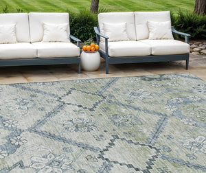 Homeroots 3' Stylish Floral Washable Area Rug - Durable Artichoke Green & Denim Blue For Indoor & Outdoor Use 8' X 10' Polyester 588855