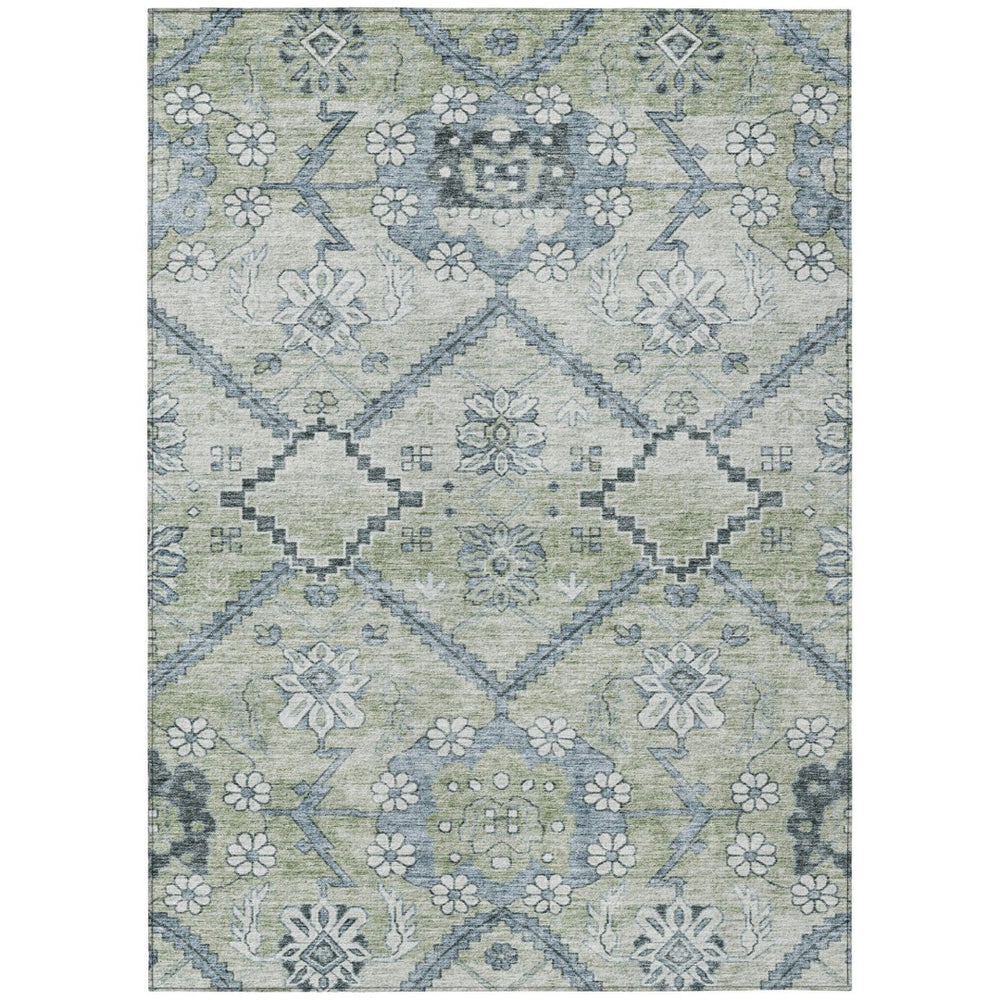 HomeRoots 5' Vibrant Floral Area Rug in Artichoke Green, Denim Blue & Silver for Indoor/Outdoor Use 8' X 10' 588855