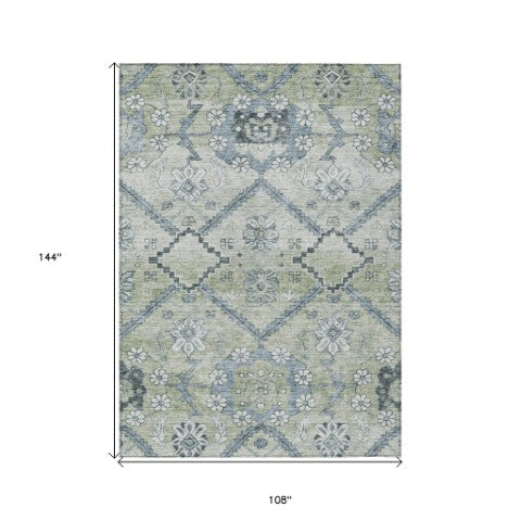 Homeroots 3' Stylish Floral Washable Area Rug - Durable Artichoke Green & Denim Blue For Indoor & Outdoor Use 9' X 12' Polyester 588856