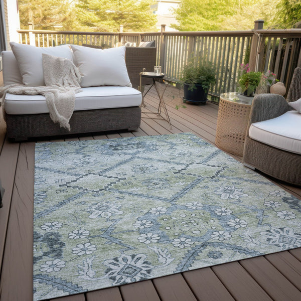 Homeroots 3' Stylish Floral Washable Area Rug - Durable Artichoke Green & Denim Blue For Indoor & Outdoor Use 9' X 12' Polyester 588856