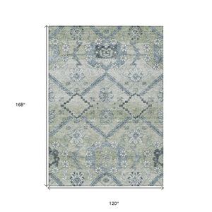Homeroots 3' Stylish Floral Washable Area Rug - Durable Artichoke Green & Denim Blue For Indoor & Outdoor Use 10' X 14' Polyester 588857