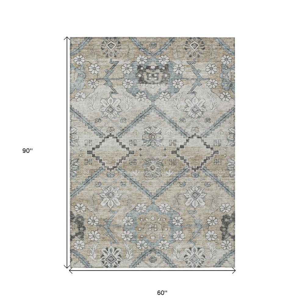 HomeRoots 5' Elegant Floral Washable Area Rug - Durable Indoor/Outdoor Design in Beige, Taupe & Tan Tones 5' X 8' 588859