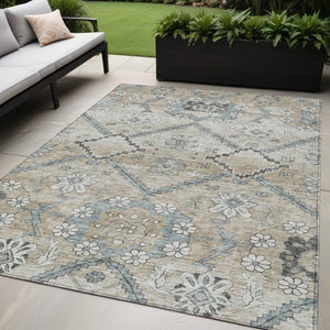 Homeroots 3' Stylish Floral Washable Area Rug - Durable Artichoke Green & Denim Blue For Indoor & Outdoor Use 5' X 8' Polyester 588859