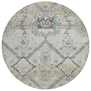 HomeRoots 5' Elegant Floral Washable Area Rug - Durable Indoor/Outdoor Design in Beige, Taupe & Tan Tones 8' Round 588860