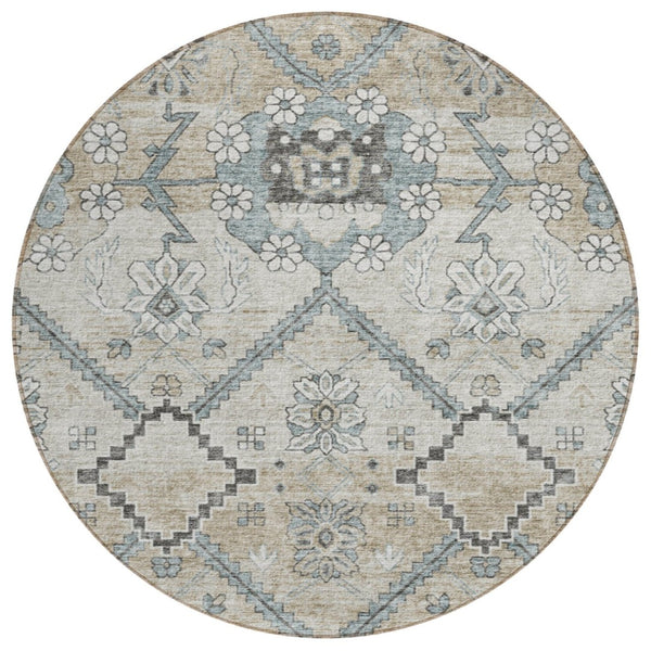 HomeRoots 5' Elegant Floral Washable Area Rug - Durable Indoor/Outdoor Design in Beige, Taupe & Tan Tones 8' Round 588860