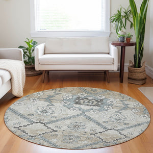 Homeroots 3' Stylish Floral Washable Area Rug - Durable Artichoke Green & Denim Blue For Indoor & Outdoor Use 8' Round Polyester 588860