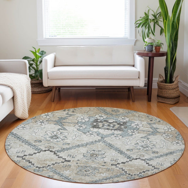 Homeroots 3' Stylish Floral Washable Area Rug - Durable Artichoke Green & Denim Blue For Indoor & Outdoor Use 8' Round Polyester 588860