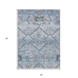 Homeroots 3' Stylish Floral Washable Area Rug - Durable Artichoke Green & Denim Blue For Indoor & Outdoor Use 3' X 5' Polyester 588864