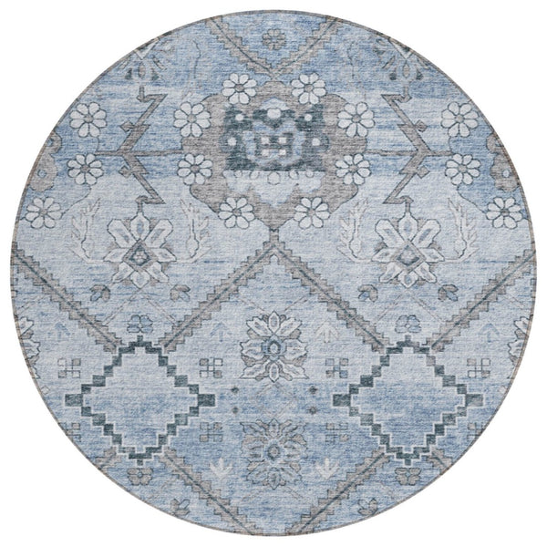HomeRoots 5' Sky Blue and Denim Floral Area Rug - Durable, Washable Indoor/Outdoor, Perfect for Any Space 8' Round 588866