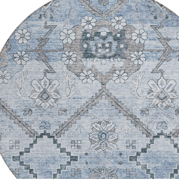 Homeroots 3' Stylish Floral Washable Area Rug - Durable Artichoke Green & Denim Blue For Indoor & Outdoor Use 8' Round Polyester 588866