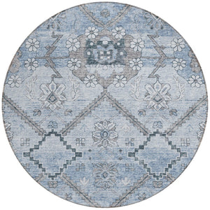 Homeroots 3' Stylish Floral Washable Area Rug - Durable Artichoke Green & Denim Blue For Indoor & Outdoor Use 8' Round Polyester 588866