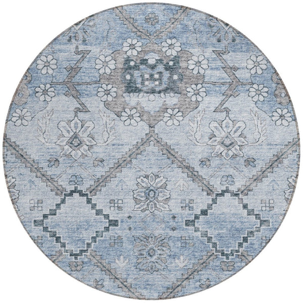 Homeroots 3' Stylish Floral Washable Area Rug - Durable Artichoke Green & Denim Blue For Indoor & Outdoor Use 8' Round Polyester 588866