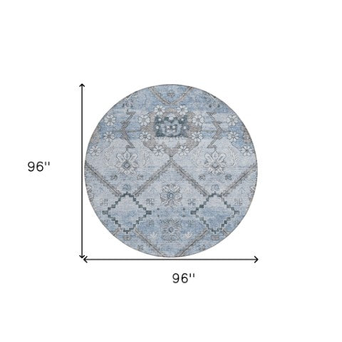 Homeroots 3' Stylish Floral Washable Area Rug - Durable Artichoke Green & Denim Blue For Indoor & Outdoor Use 8' Round Polyester 588866